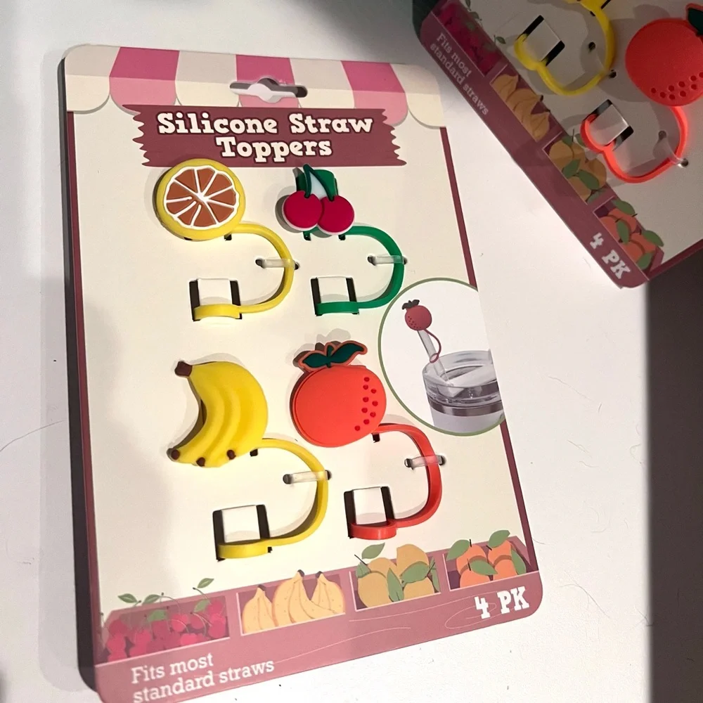 STRAW TOPPERS Fruit Designed Silicone Set of 8 Toppers NWT